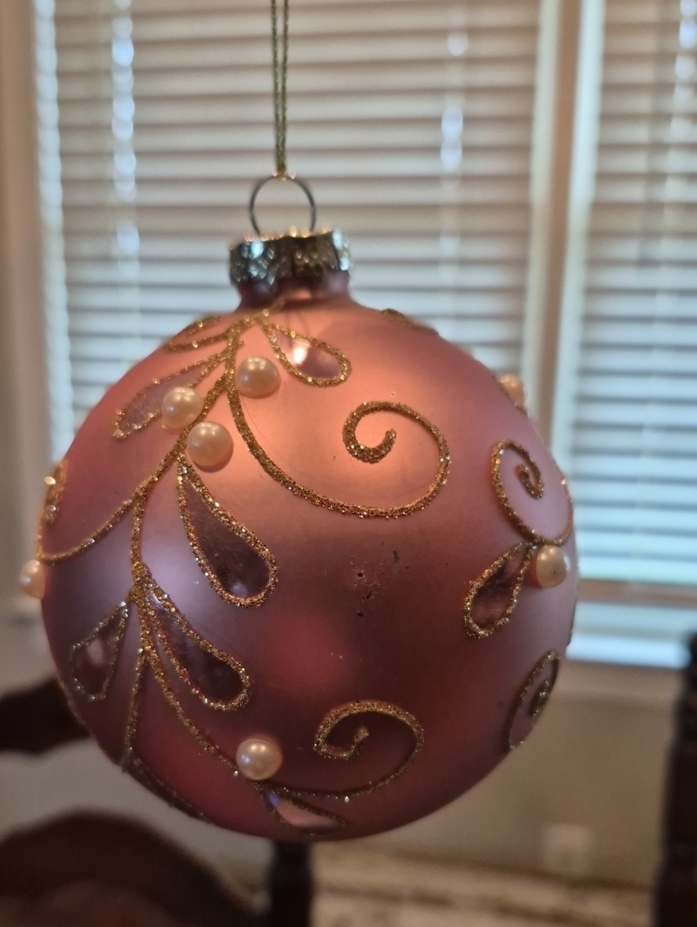 Mark Roberts Pink Pearl Ornament with Gold Glitter Swirls